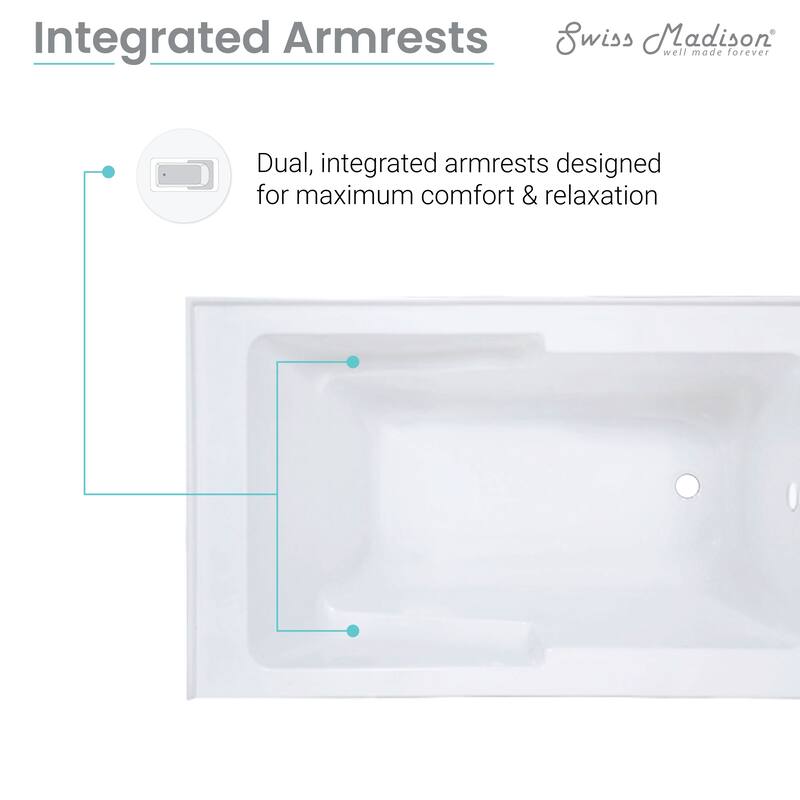 Swiss Madison Voltaire, Acrylic White, Alcove, Integral Armrest, Bathtub with Apron