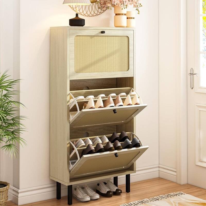 Boho Shoe Cabinet with 3 Rattan Flip Drawers, Free Standing Wood Entryway Shoe Rack, Hallway Shoe Organizer