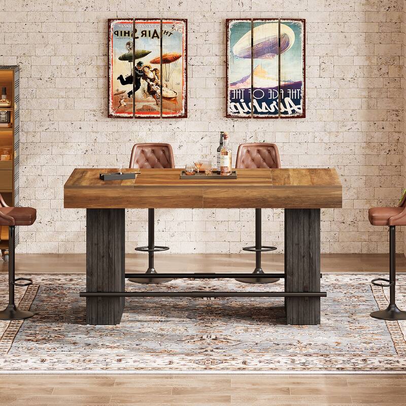 62.2-Inch Bar Table, Industrial Counter Height Pub Dining Table with Metal Footrest - Rustic Brown