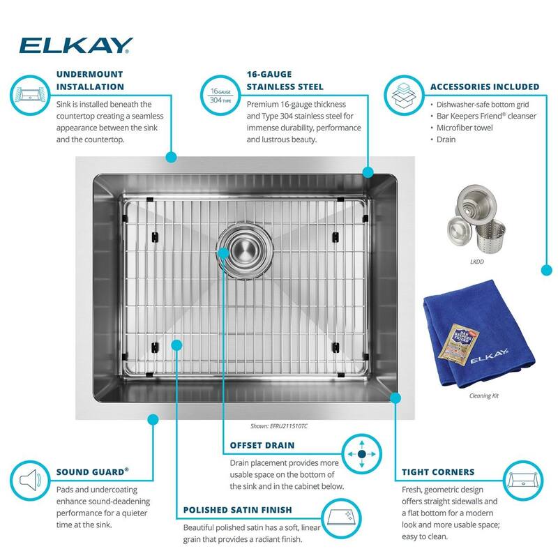 Elkay Crosstown 16 Gauge Stainless Steel, 23-1/2" x 18-1/4" x 10" Single Bowl Undermount Sink Kit