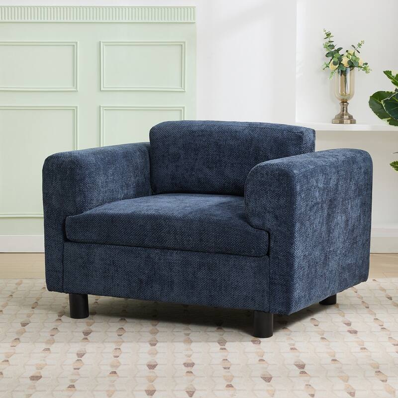 Modern 45.5" Woven Velvet Fabric Upholstered Accent Chair with Round Rubberwood Legs and High-Density Cushion