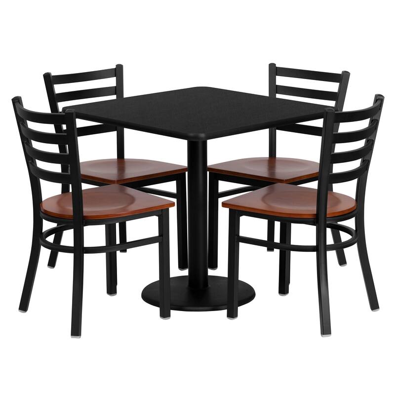30" Square Laminate Table Set with 4 Metal Chairs - Cherry Wood Seat - Black