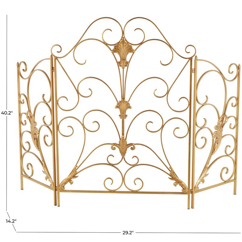 Metal Scroll Foldable 3 Panel Fireplace Screen with Fleur De Lis Accents - Gold - Roche River Decor