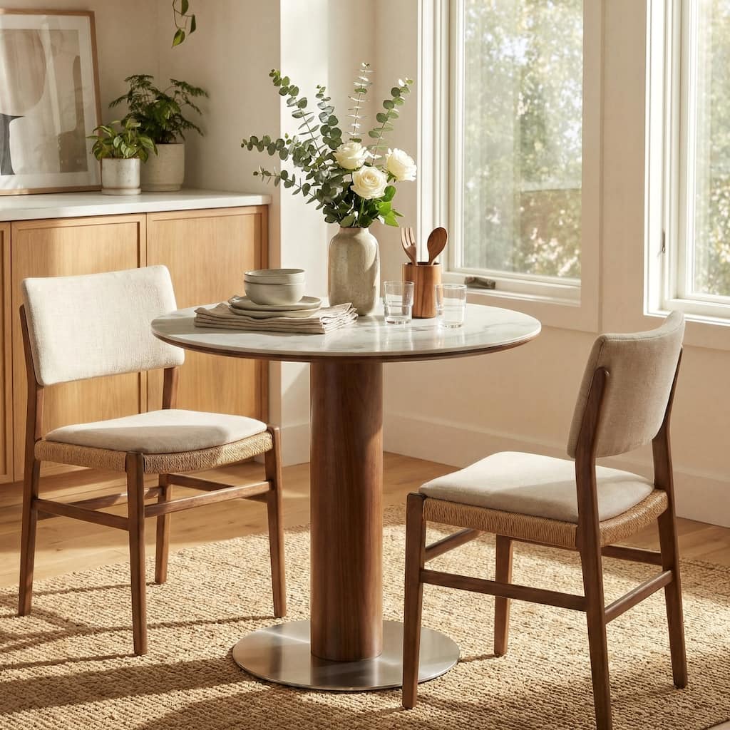 31.5 Inch Round Dining Table for 2-4, Solid Wood Circle Kitchen Table with Stainless Steel Pedestal, Sintered Stone Top