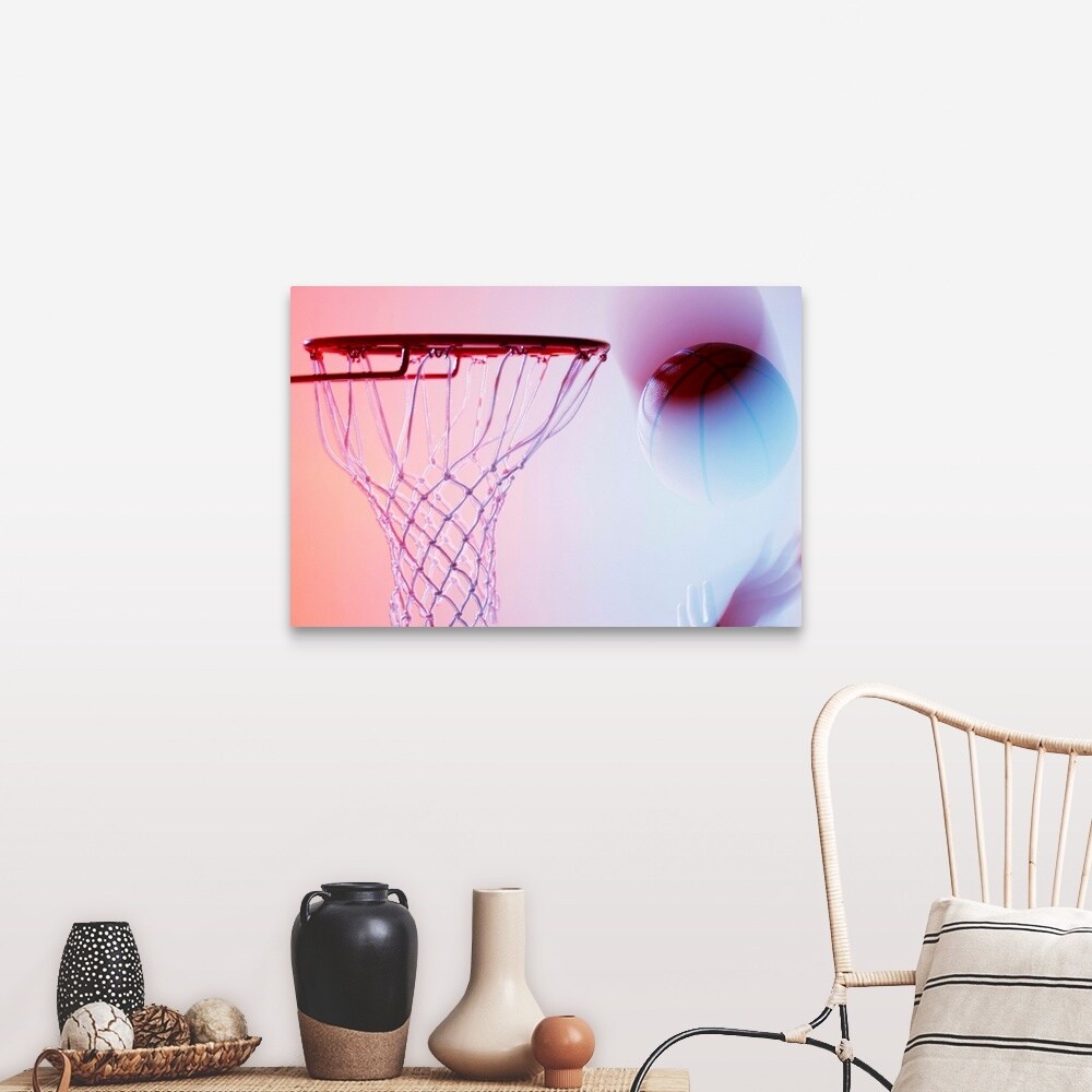 Shop Blurred View Of Basketball Going Into Hoop Canvas Wall Art