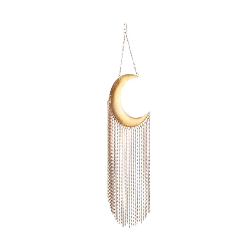 Gold Metal Indoor Outdoor Moon Windchime with Chain Tassels