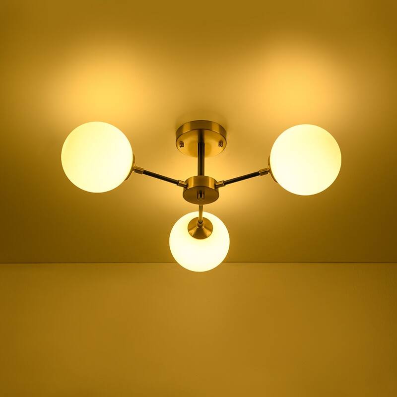 3-Light Brass Black Frosted White Glass Sputnik Semi Flush Mount - 26 Inches