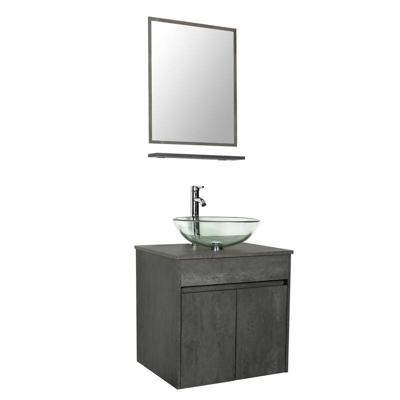 24" Wall Mounted Bathroom Vanity Set W/ Tempered Glass/ Ceramics Sink Combo