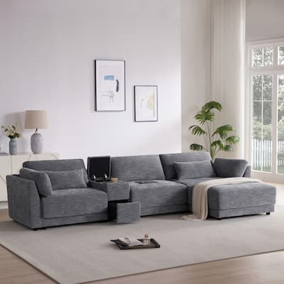 124'' Modular Chenille Sectional Sofa with Storage Console and Movable Ottoman, USB Charger for Living Room