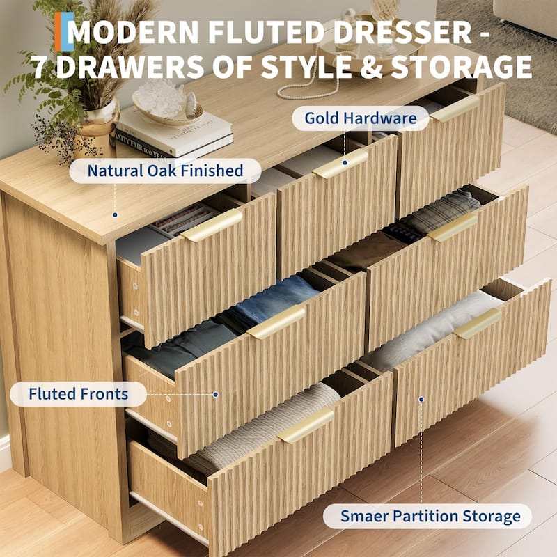Fluted 7 Drawer Dresser for Bedroom, 47" Wide Wood Chest with Metal Handles, TV Stand & Closet Storage Organizer