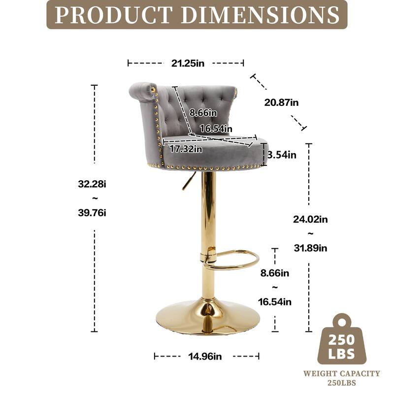 Velvet Upholstered Tufted Nailheads Swivel Adjustable Height Bar Stools With Golden Footrest(set of 2)