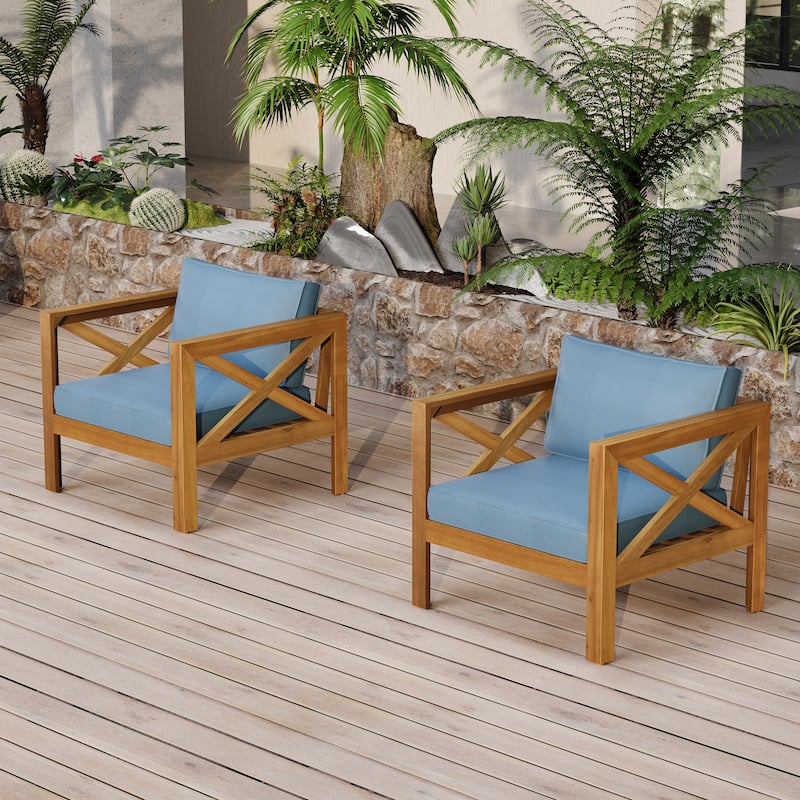 3 Piece Patio Conversation Set, Outdoor Wood Leisure Seat(Set of 2),Armchair with Cushions,Selma Acacia Wood End Table