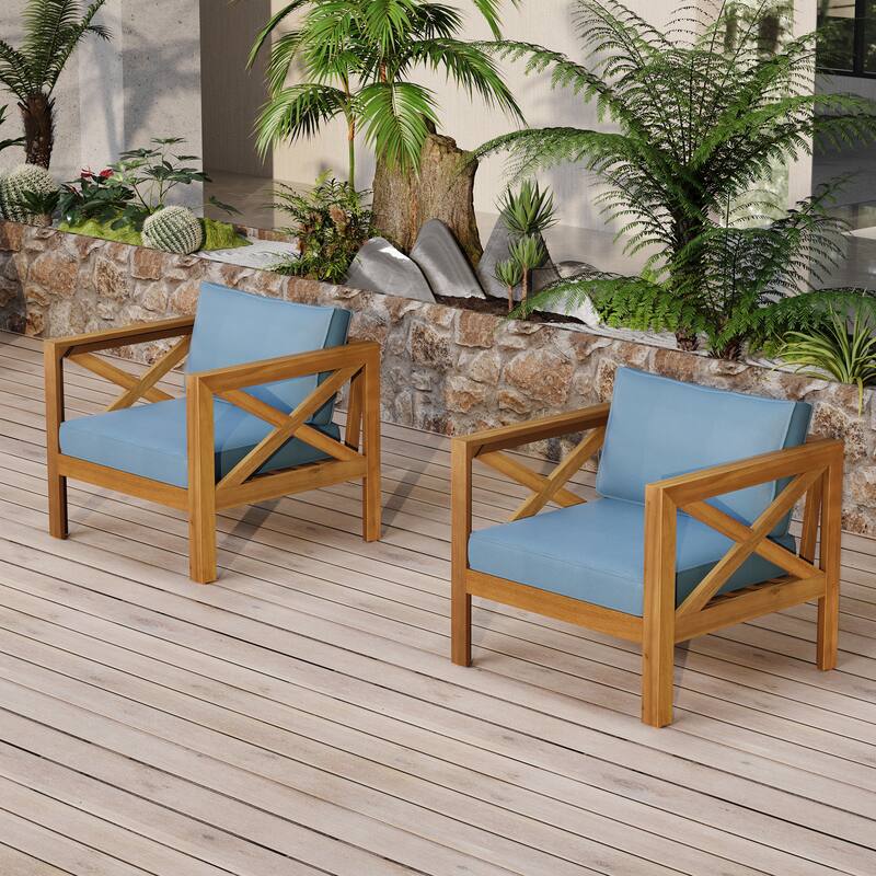 Roomfitters Outdoor Acacia Wood Club Chairs, Teak Finish Armchairs with Cushions