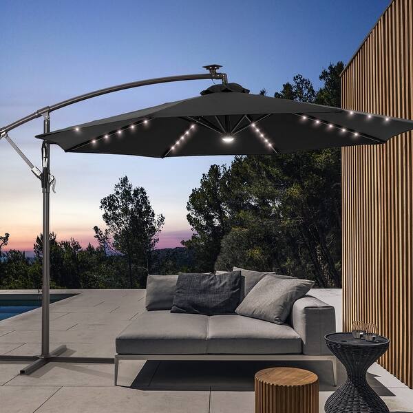 10 ft patio hanging umbrella WESTLAKE Solar LED Cantilever Offset w/ Included 4-Piece Base Weights, Gray Block out the shining sun during the day and create a romantic space during the evening with this amazing 10 ft LED cantilever umbrella Autlaycil 10FT Cantilever Patio Umbrella
