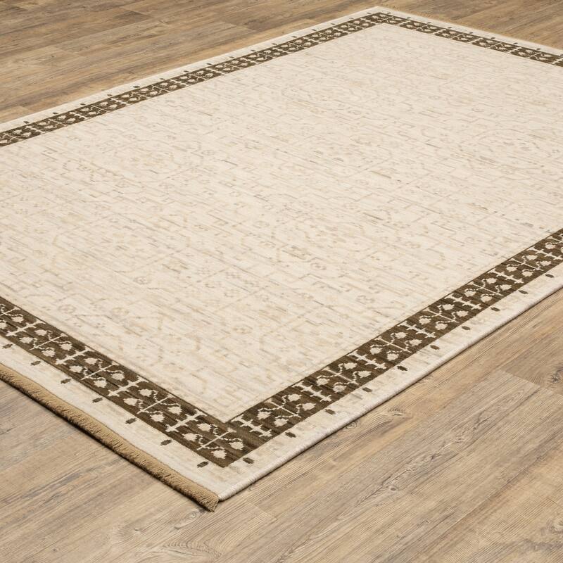 Adelaide Global Bordered Beige/ Brown Wool Blend Area Rug_
