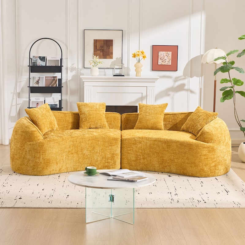 Curved Compressed Sofa Nordic Style, Chenille Upholstered 4 Seat Couch with Medium Soft Comfort for Living Room - Yellow