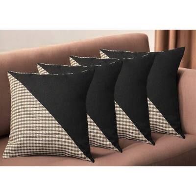 Set of Four 18" Brown Black and White Houndstooth Fabric Throw Pillows