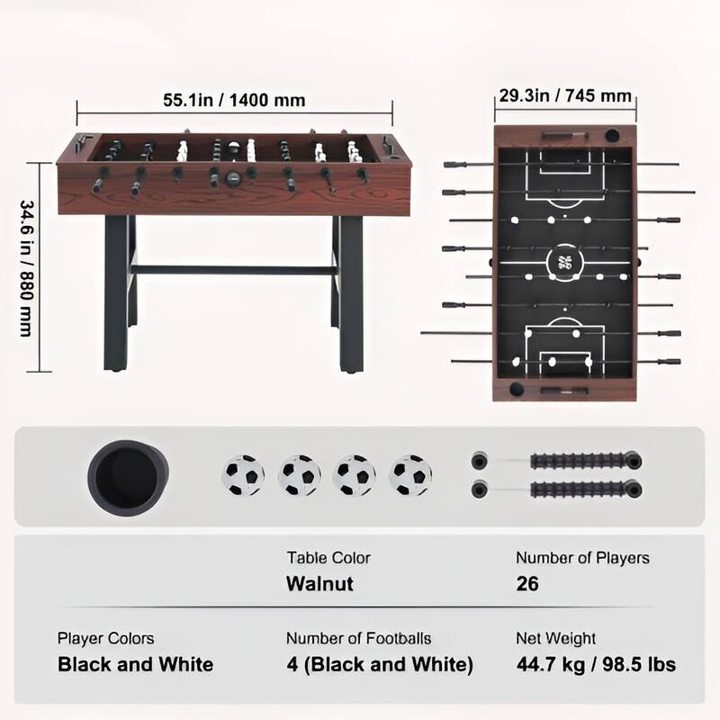 Black Brown MDF Foosball Table 55" with Cup Holders and Scorekeeper - 55.1” Lx 28.6” W x 34” H