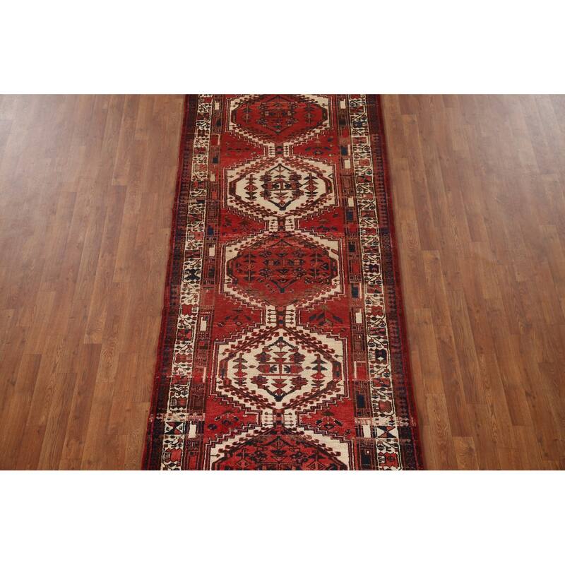 Geometric Ardebil Persian Vintage Runner Rug Handmade Red Wool Carpet - 3'9"x 13'10"