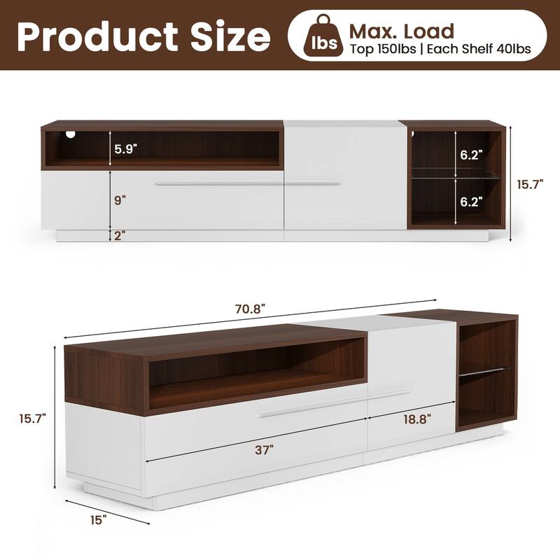 Meyreso 70.8" Modern High Gloss White & Walnut TV Stand with LED Lighting and Open Storage - 70 inches