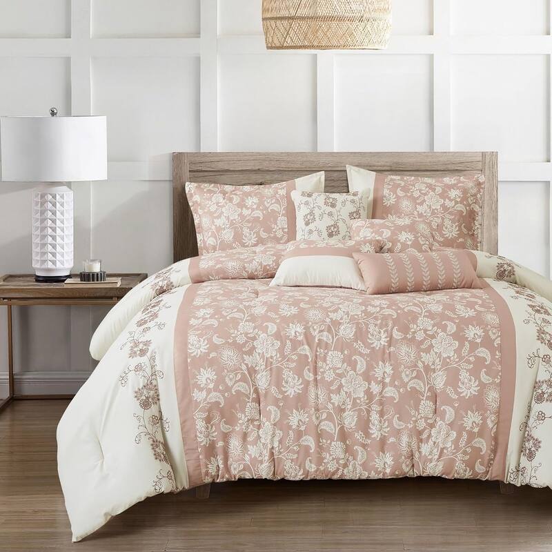 7 Piece Pink Beige Floral Comforter Set Soft Bedding - California King