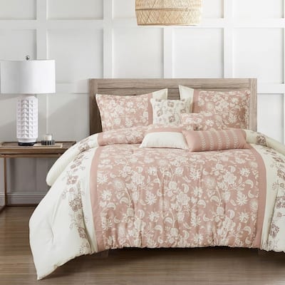 7 Piece Pink Beige Floral Comforter Set Soft Bedding