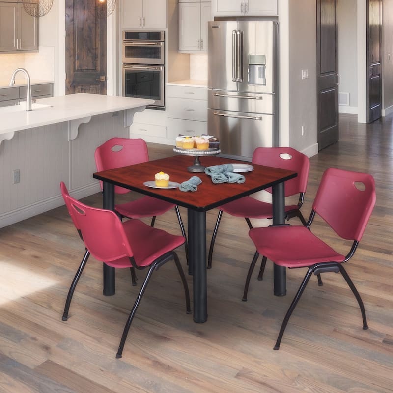 42" Square Breakroom Table- Cherry/ Black & 4 'M' Stack Chairs- Burgundy - Burgundy, Black, Cherry - 42