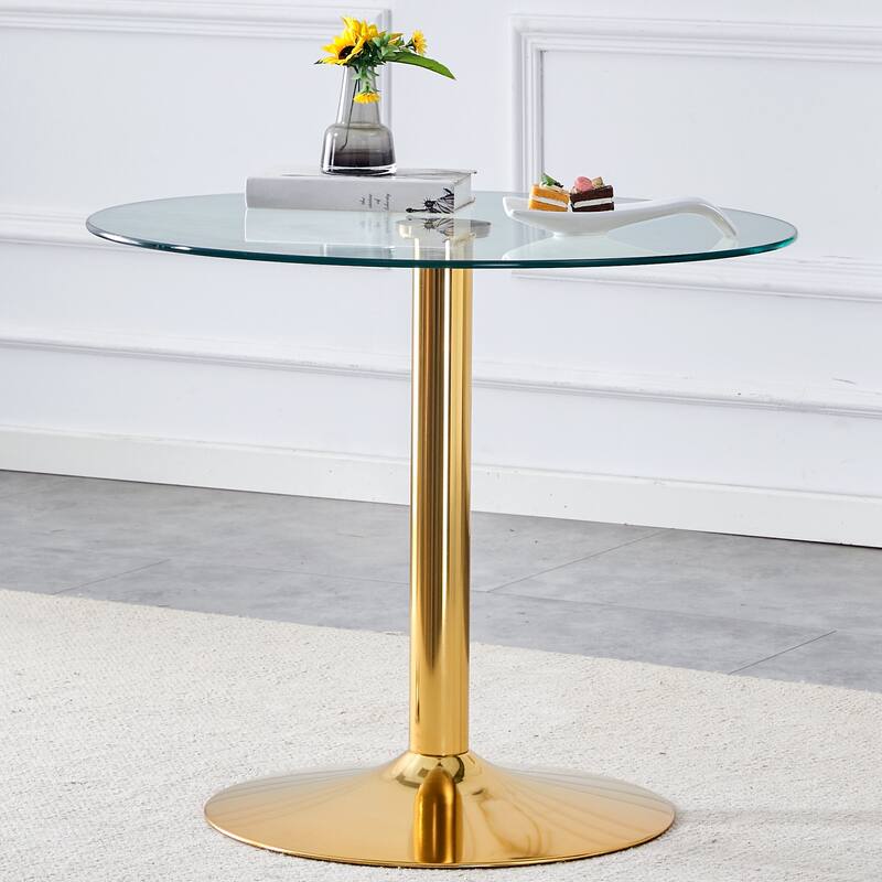 Roomfitters Round Glass Dining Table with 35 Inch Top and Gold Metal Legs for Dining or Meeting Spaces