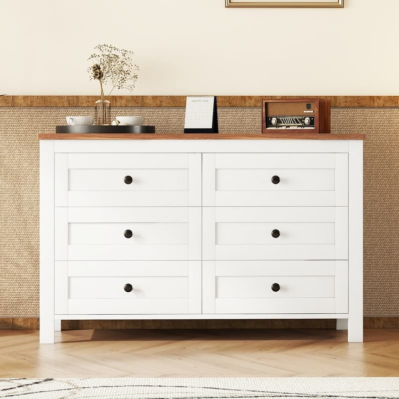 Farmhouse Style Wood 6 Drawer Dresser for Bedroom and Living Room