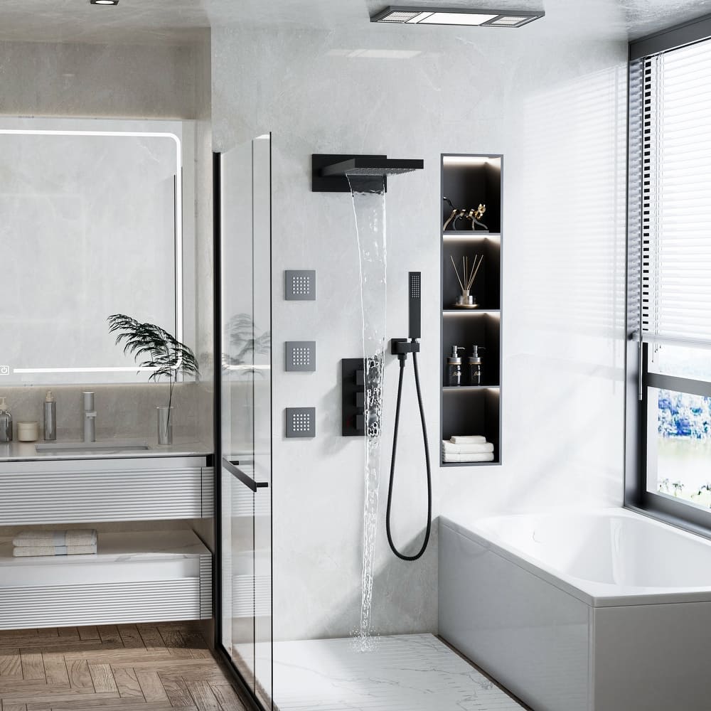 Modland 4-Function Thermostatic Shower System - Wall-mounted, WRAS Valve, 3 Jets, Matte Black/Gold/Nickel/Chrome