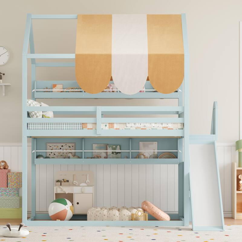 Roomfitters Full Size House Loft Bed with Canopy, Slide and Bookshelves