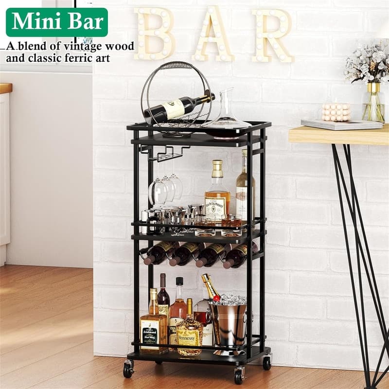 Rolling Mini Liquor Bar Cabinet with Wine Rack and Glass Holder - 12.6"D x 16.5"W x 35.43"H