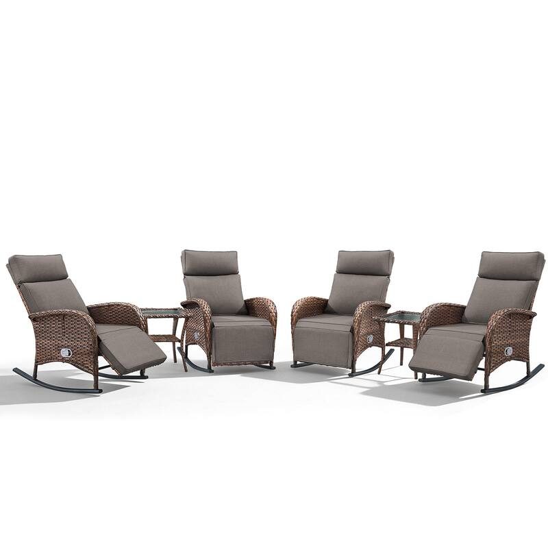 Meyreso 6-Piece Wicker Rocking Reclining Chaise Lounge with Adjustable Backrest & Footrest