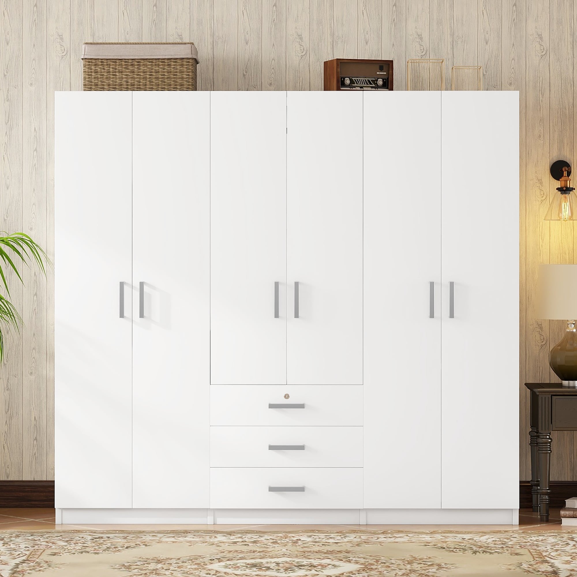 Wardrobe Versatile Storage Cabinet with Drawers, White 6-Doors Bedroom Clothing Storage Cabinet Organizer