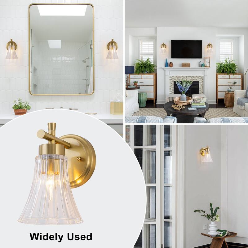 Gold Metal Wall Sconce Ribbed Trumpet Glass Shade for Bathroom Vanity