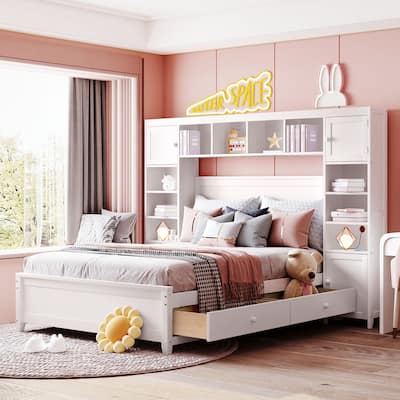White Full Wooden Platform Bed with Cabinet, Shelves, and Drawers