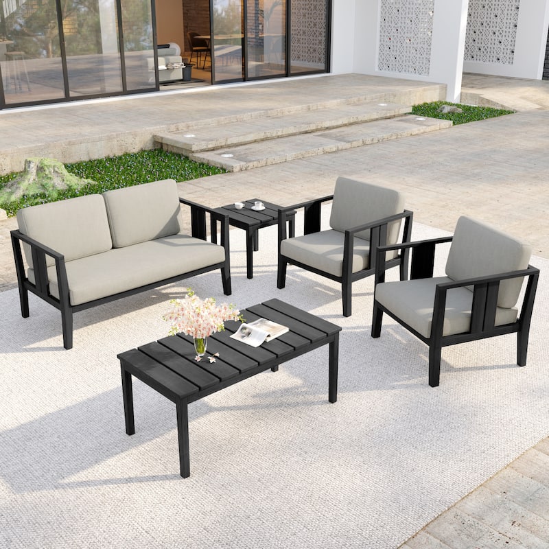 5-Piece Casual Outdoor Patio Furniture Set In Solid Teak Wood - Dark Wood - Light Camel