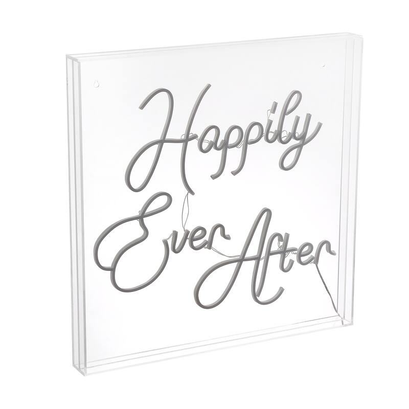Happily Ever After 23.63" Square Contemporary Glam Acrylic Box USB Operated LED Neon Light, White by JONATHAN Y