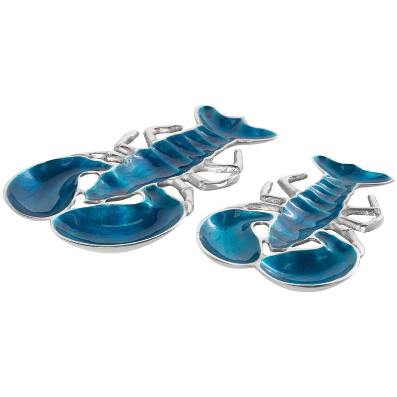 Silver, Blue or Teal Aluminum Enameled Lobster Tray with Silver Metal Exterior (Set of 2)