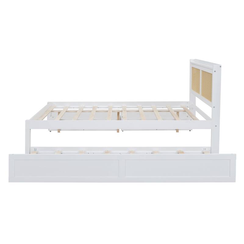 Queen Size Elegant Platform Bed Frame, PullOut Bed with Rattan