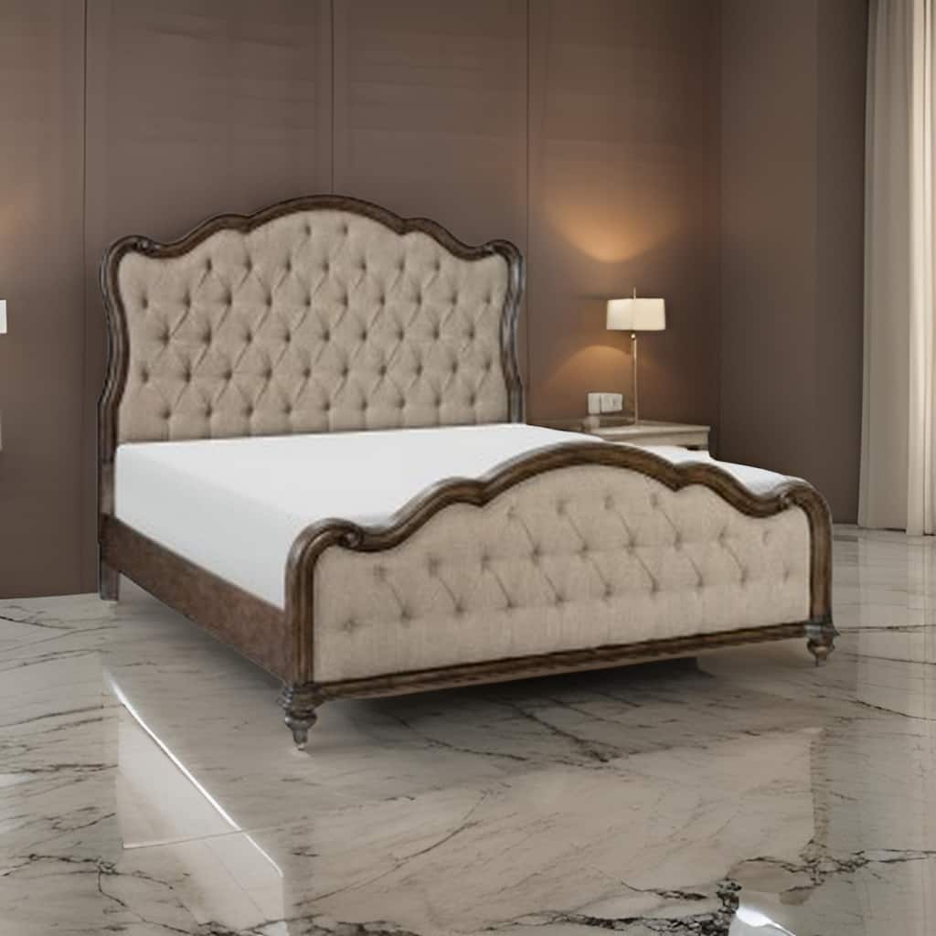 Deborah Queen Bed, Button Tufted Beige Fabric Upholstery, Brown Wood