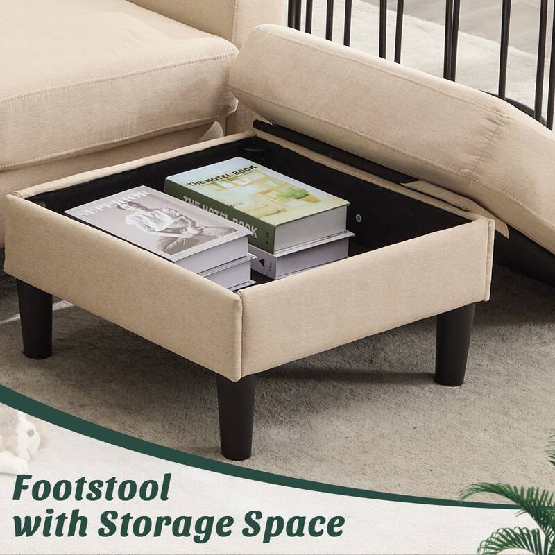 Compact 3-Seat Sofa with Storage Ottoman, L-Shaped Couch with Stool