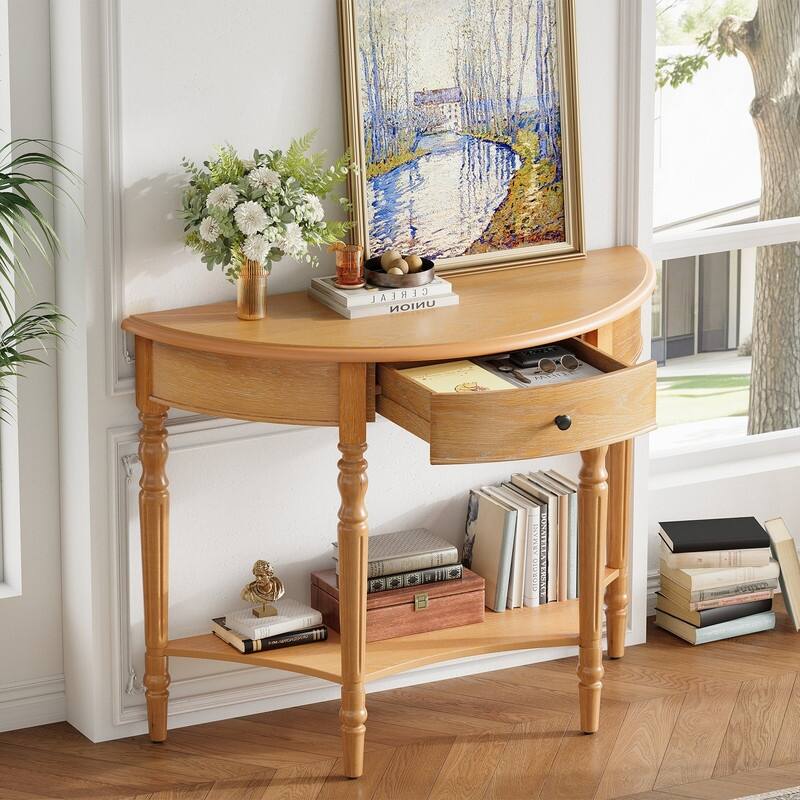 Farmhouse Half Moon Console Table with Drawer and Shelf for Entryway and Living Room Decor