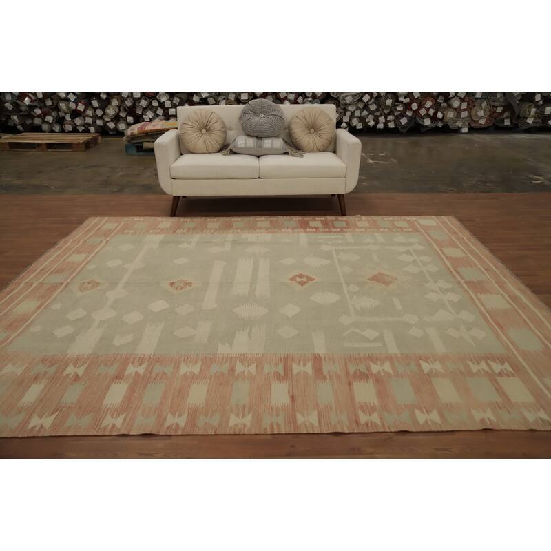 Hand Woven Oriental 100% Wool Carpet Southwestern Tribal Greys & Charcoal Kilim Area Rug - 9' 9'' X 8' 4''