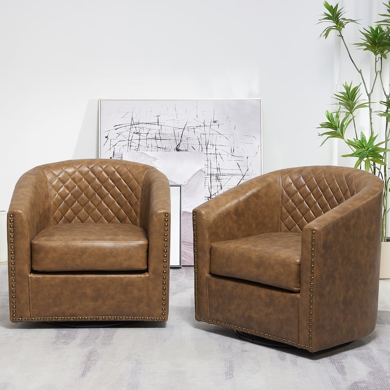KINWELL 29" Wide Tufted PU Leather Swivel Barrel Chair (Set of 2)