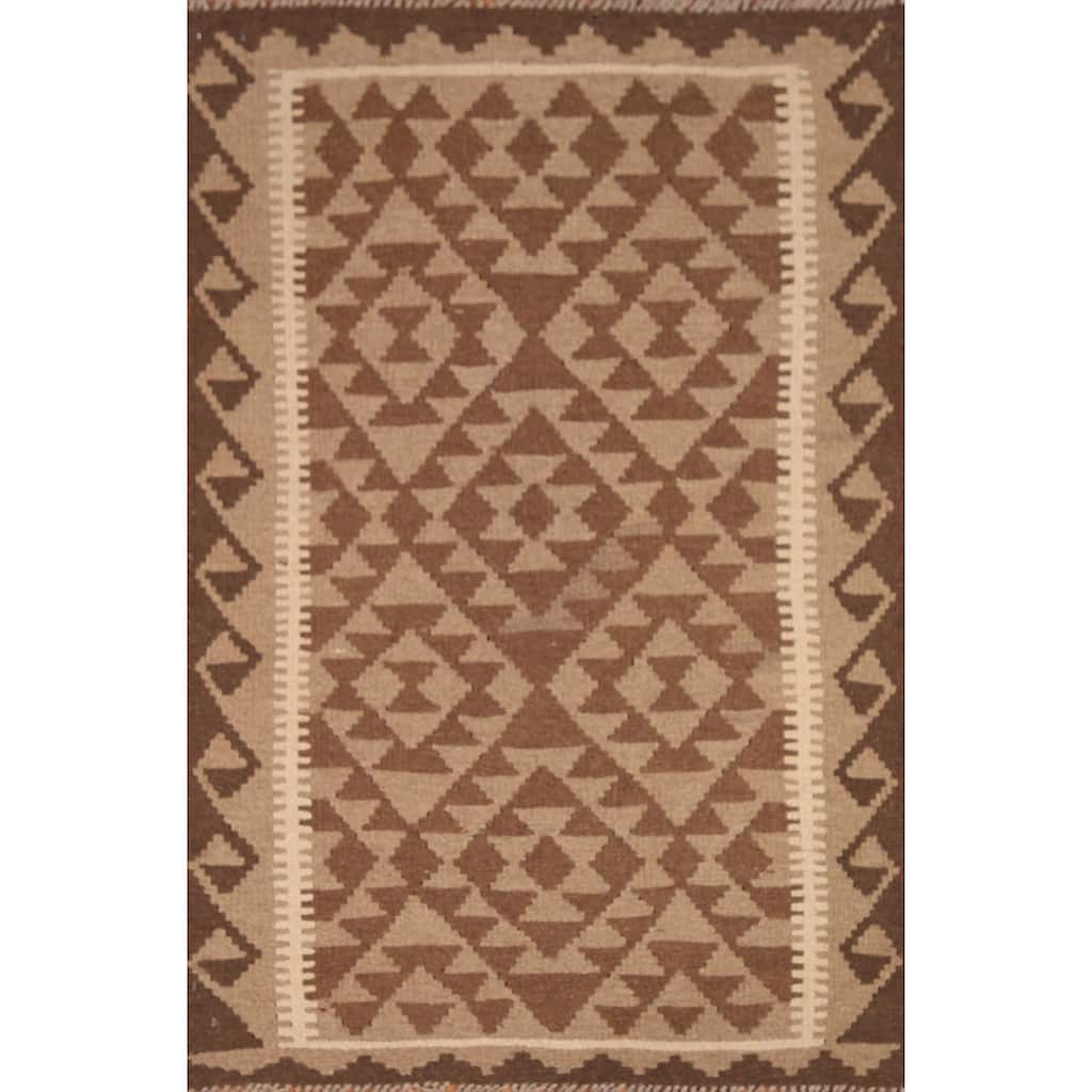 Brown Kilim Oriental Area Rug Flat-weave Wool Foyer Carpet - 3'2" x 4'9"