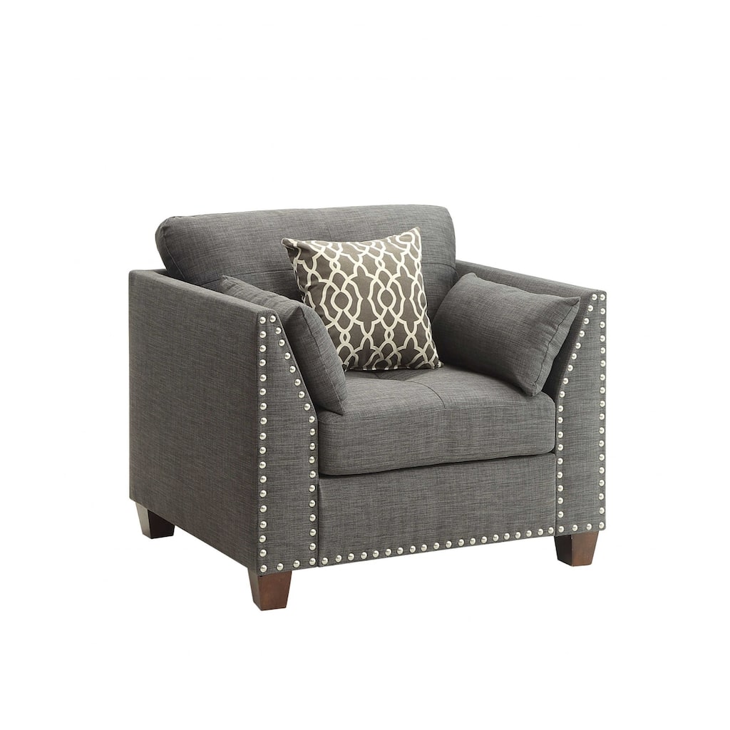 34 Inch Charcoal Linen Arm Chair with Brown Accents and Toss Pillows - 34” x 31” x 35”
