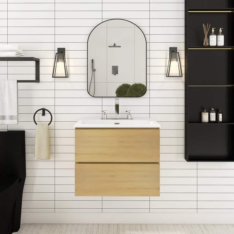 24 inches Wall-mounted Bathroom Vanity Set with White Ceramic Integrated Sink - 24" x 18" - Natural Oak