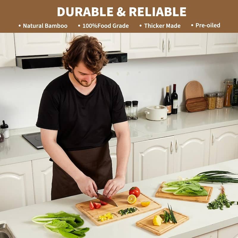 Bamboo Wood Cutting Boards Set of 3 with Compartments,Inner Handles and Juice Grooves