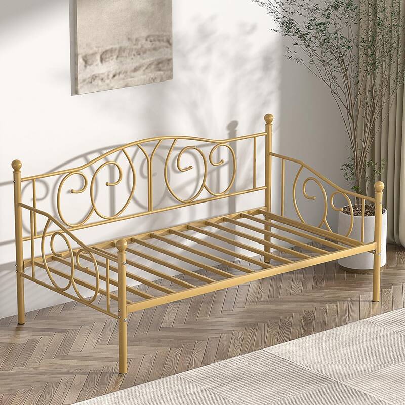 VECELO Metal Twin Size Daybed with Roman Column Legs Scroll Design Heavy Duty 350 lbs Capacity Sofa Bed for Living Room
